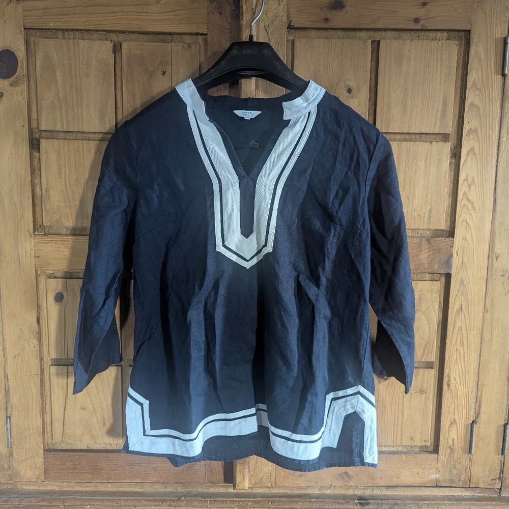 Crown & Ivy 100% Linen Navy White Tunic Contrasting Trim Pullover L Lagenlook